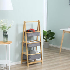 Lukzer 3 Layer Foldable Bamboo Storage Rack with Fabric Baskets (Grey)