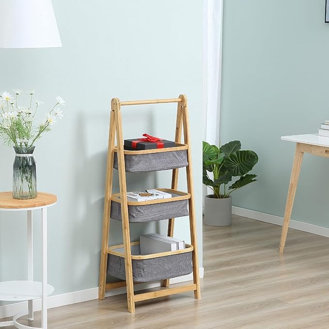 Lukzer 3 Layer Foldable Bamboo Storage Rack with Fabric Baskets (Grey)