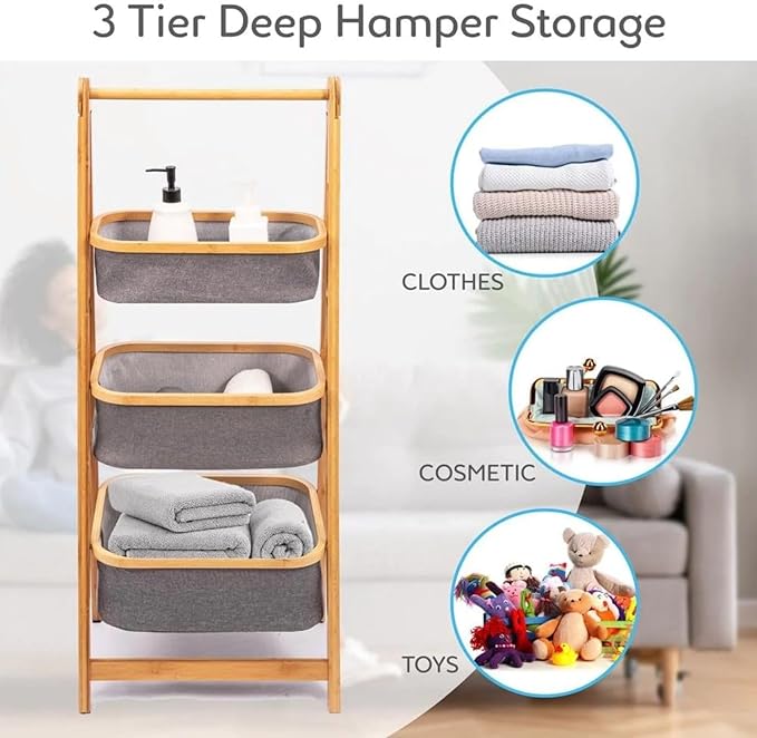 Lukzer 3 Layer Foldable Bamboo Storage Rack with Fabric Baskets (Grey)