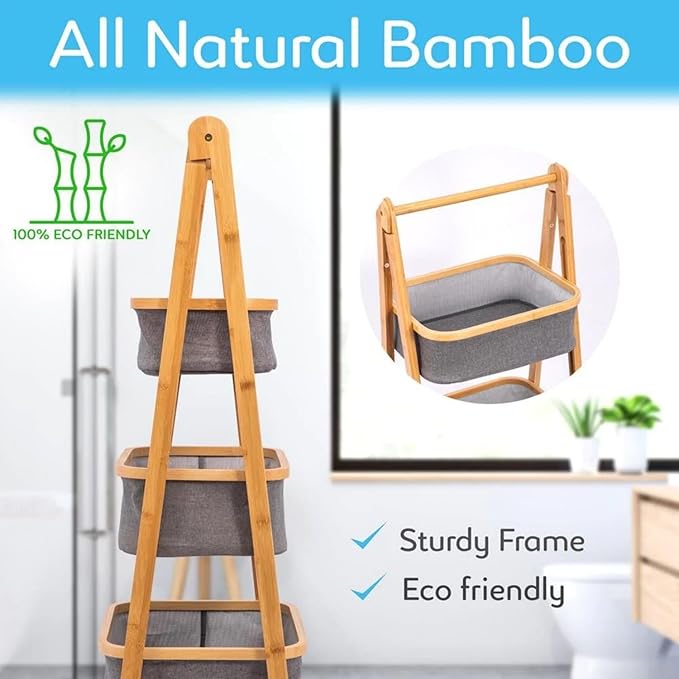 Lukzer 3 Layer Foldable Bamboo Storage Rack with Fabric Baskets (Grey)