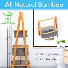 Lukzer 3 Layer Foldable Bamboo Storage Rack with Fabric Baskets (Grey)
