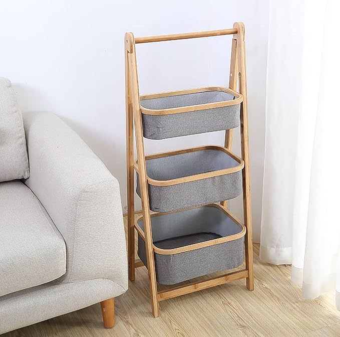 Lukzer 3 Layer Foldable Bamboo Storage Rack with Fabric Baskets (Grey)
