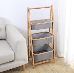 Lukzer 3 Layer Foldable Bamboo Storage Rack with Fabric Baskets (Grey)