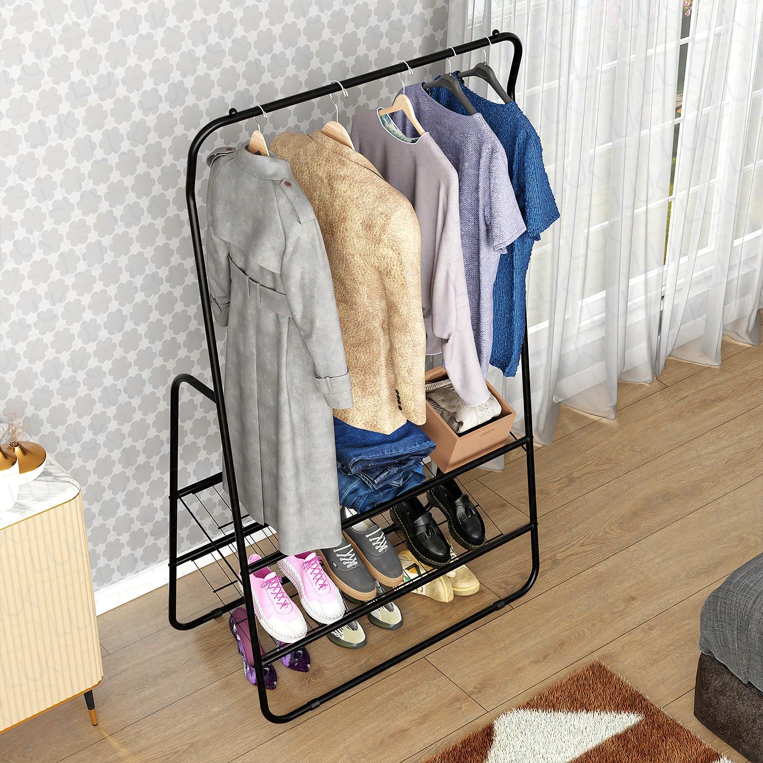Lukzer Hexa Metal Clothes Drying Rack Laundry Organizer with Wheels (CGS-001/Black)