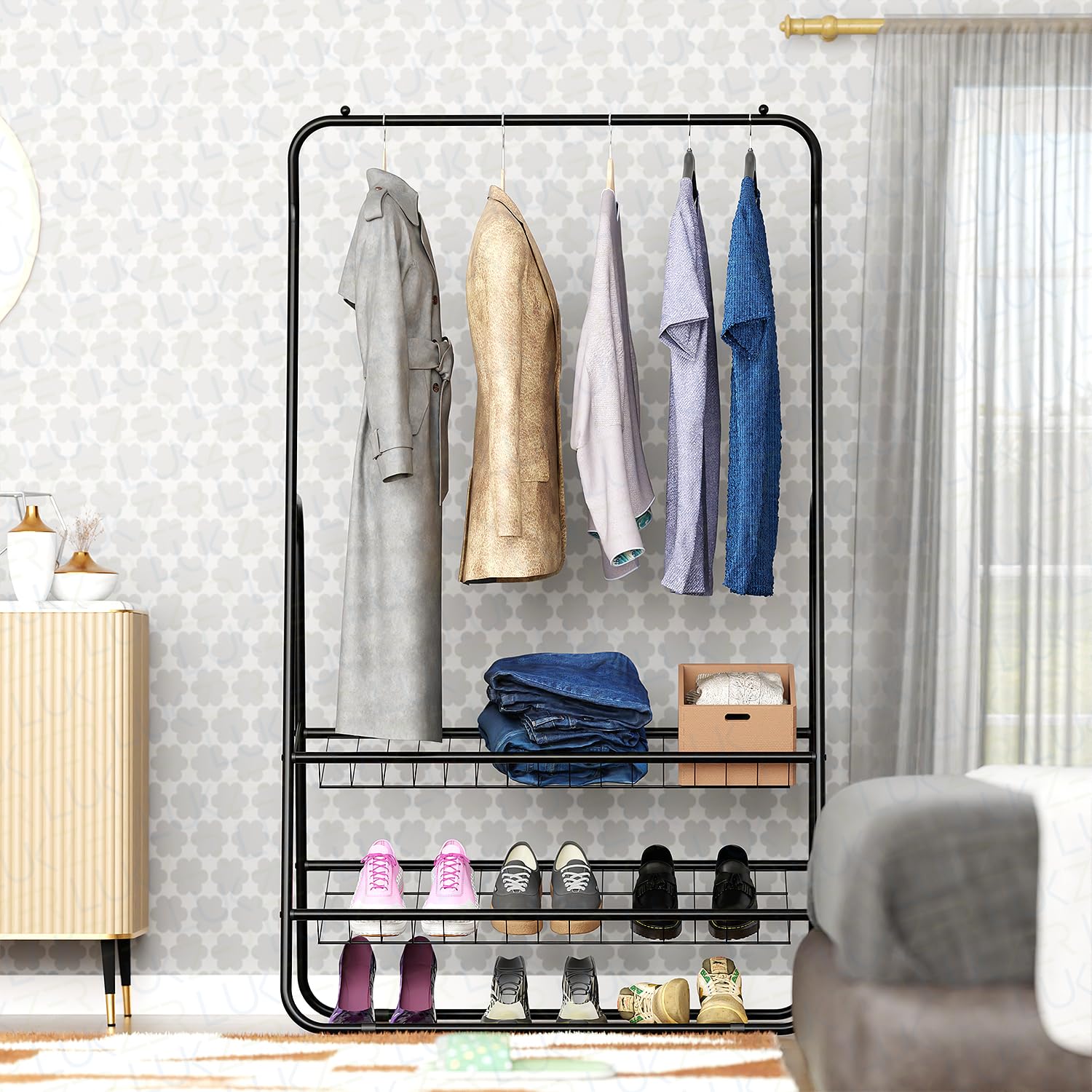 Lukzer Hexa Metal Clothes Drying Rack Laundry Organizer with Wheels (CGS-001/Black)