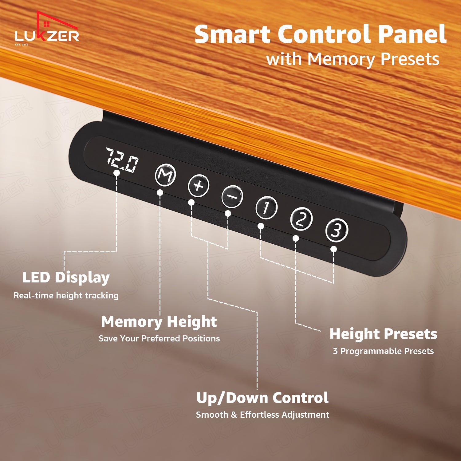Lukzer Electric Automatic Height Adjustable Sit Stand Desk EST-003 ( White & Oak Brown ) 3-Years Warranty