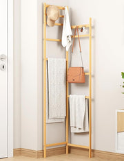 Lukzer Bamboo Corner Coat Rack – Space-Saving Freestanding Hanger Stand for Clothes, Hats & Bags with 6 Hooks, Multi-Tier Clothes Organizer for Entryway, Bedroom, Living Room & Hallway