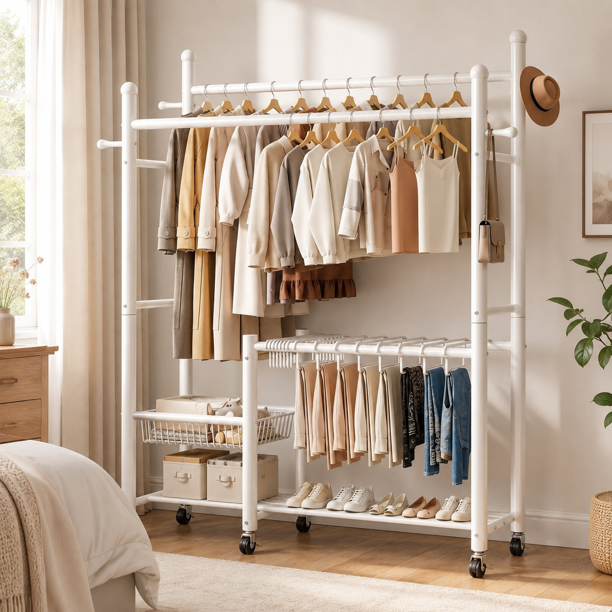 Lukzer 32 mm Metal Double Rod Garment Rack with Multiple Cloth Hangers & Shoes Organizer (White)