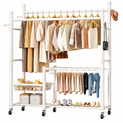 Lukzer 32 mm Metal Double Rod Garment Rack with Multiple Cloth Hangers & Shoes Organizer (White)