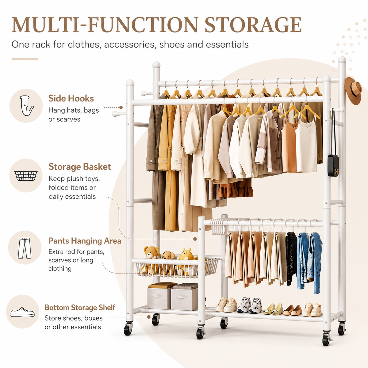 Lukzer 32 mm Metal Double Rod Garment Rack with Multiple Cloth Hangers & Shoes Organizer (White)