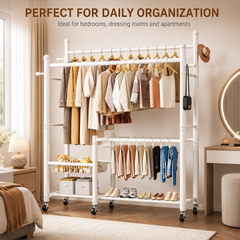 Lukzer 32 mm Metal Double Rod Garment Rack with Multiple Cloth Hangers & Shoes Organizer (White)