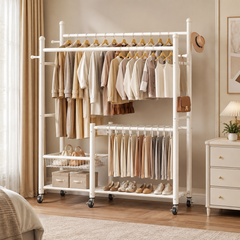 Lukzer 32 mm Metal Double Rod Garment Rack with Multiple Cloth Hangers & Shoes Organizer (White)