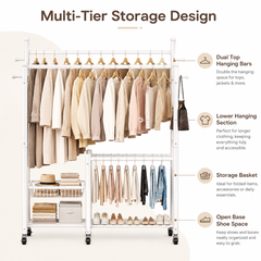 Lukzer 32 mm Metal Double Rod Garment Rack with Multiple Cloth Hangers & Shoes Organizer (White)