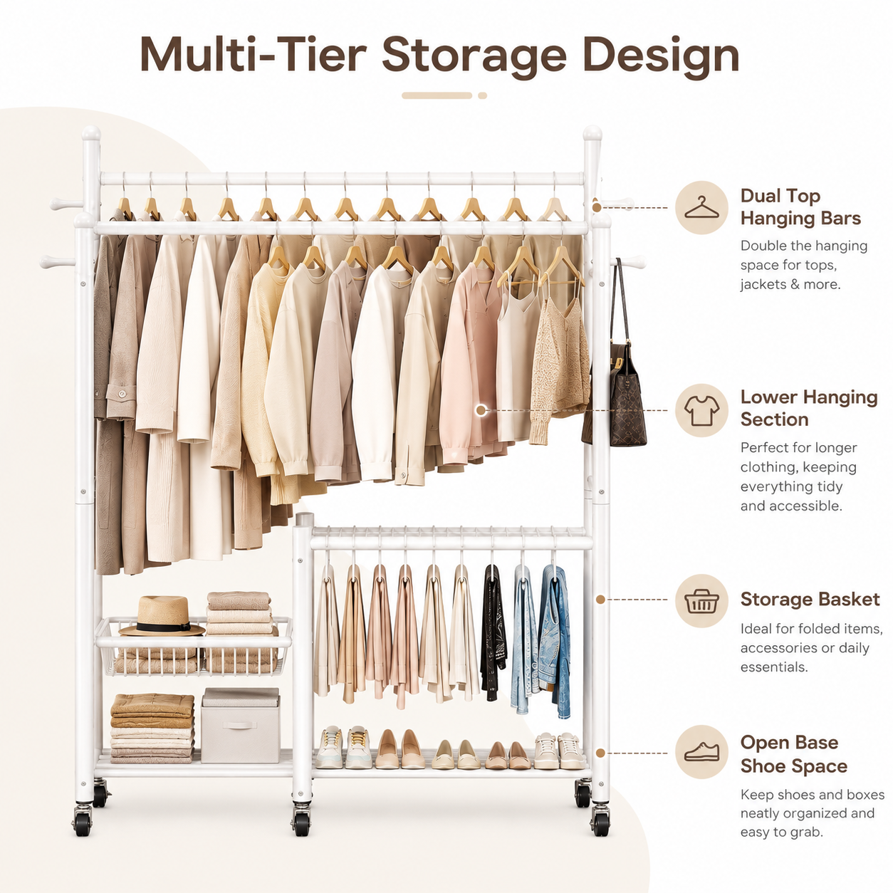 Lukzer 32 mm Metal Double Rod Garment Rack with Multiple Cloth Hangers & Shoes Organizer (White)