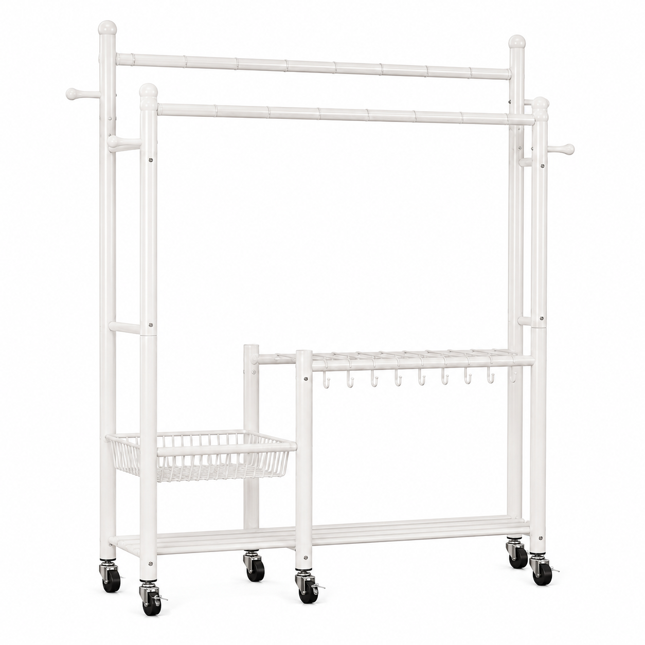 Lukzer 32 mm Metal Double Rod Garment Rack with Multiple Cloth Hangers & Shoes Organizer (White)
