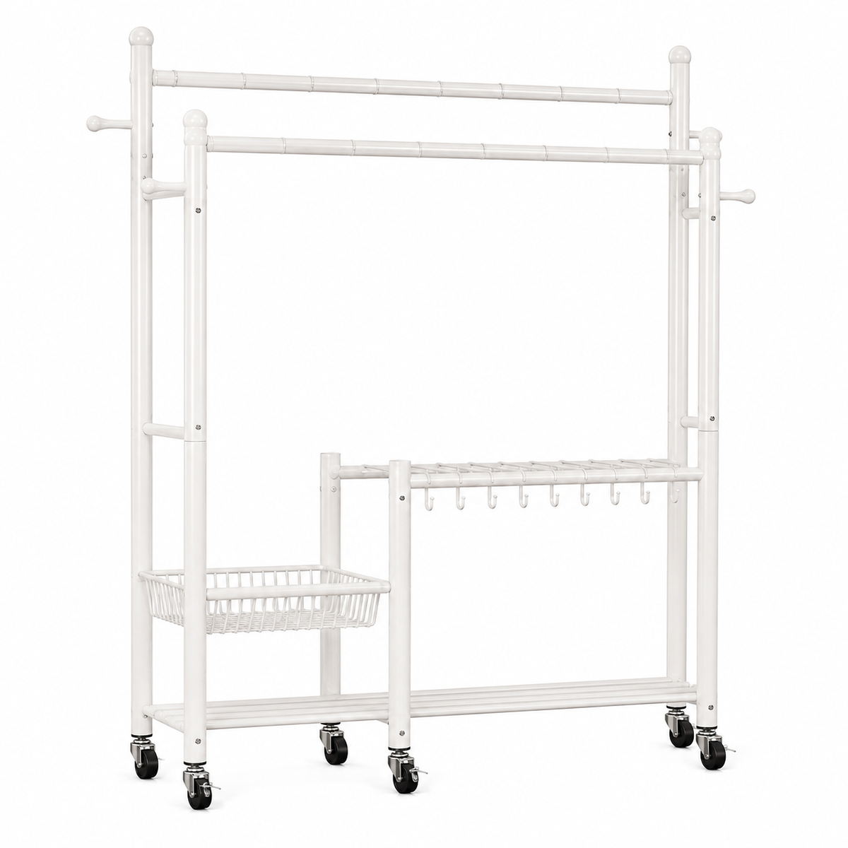 Lukzer 32 mm Metal Double Rod Garment Rack with Multiple Cloth Hangers & Shoes Organizer (White)