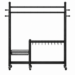 Lukzer 32 mm Metal Double Rod Garment Rack with Multiple Cloth Hangers & Shoes Organizer (Black)