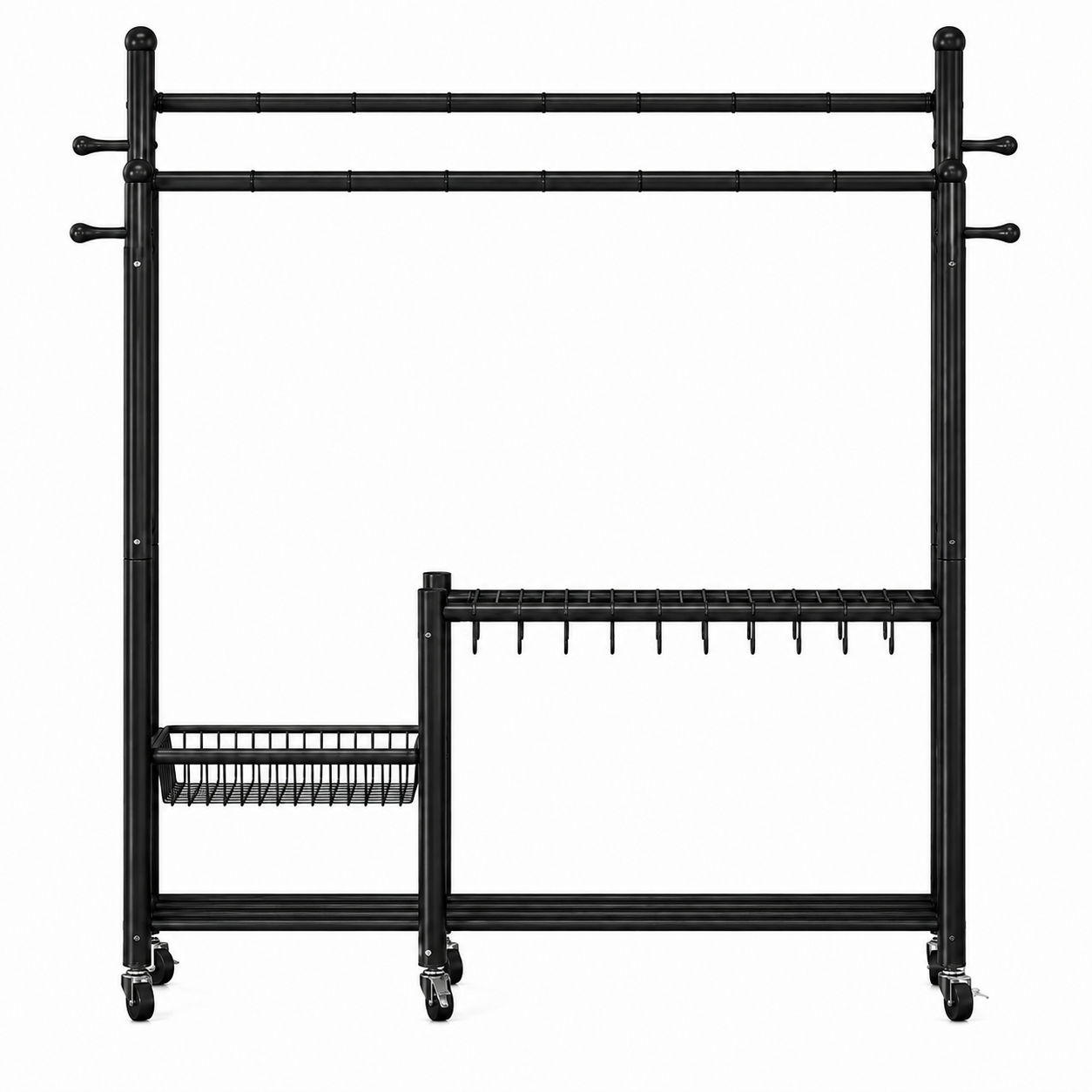 Lukzer 32 mm Metal Double Rod Garment Rack with Multiple Cloth Hangers & Shoes Organizer (Black)