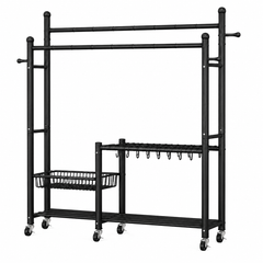 Lukzer 32 mm Metal Double Rod Garment Rack with Multiple Cloth Hangers & Shoes Organizer (Black)