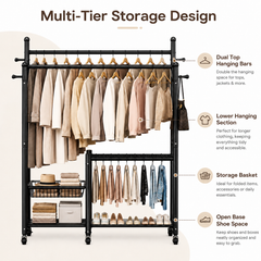Lukzer 32 mm Metal Double Rod Garment Rack with Multiple Cloth Hangers & Shoes Organizer (Black)
