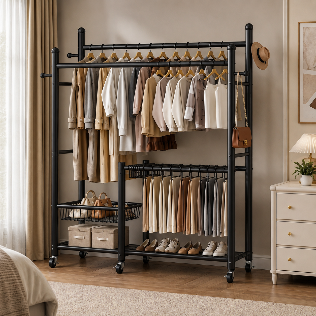 Lukzer 32 mm Metal Double Rod Garment Rack with Multiple Cloth Hangers & Shoes Organizer (Black)