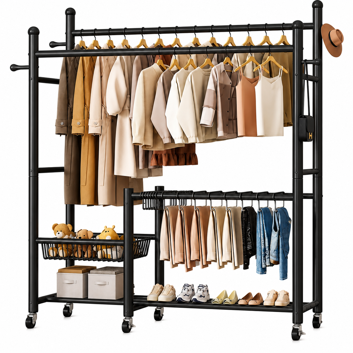 Lukzer 32 mm Metal Double Rod Garment Rack with Multiple Cloth Hangers & Shoes Organizer (Black)