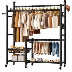 Lukzer 32 mm Metal Double Rod Garment Rack with Multiple Cloth Hangers & Shoes Organizer (Black)