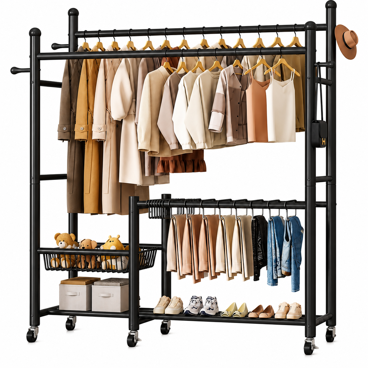 Lukzer 32 mm Metal Double Rod Garment Rack with Multiple Cloth Hangers & Shoes Organizer (Black)