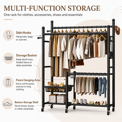 Lukzer 32 mm Metal Double Rod Garment Rack with Multiple Cloth Hangers & Shoes Organizer (Black)