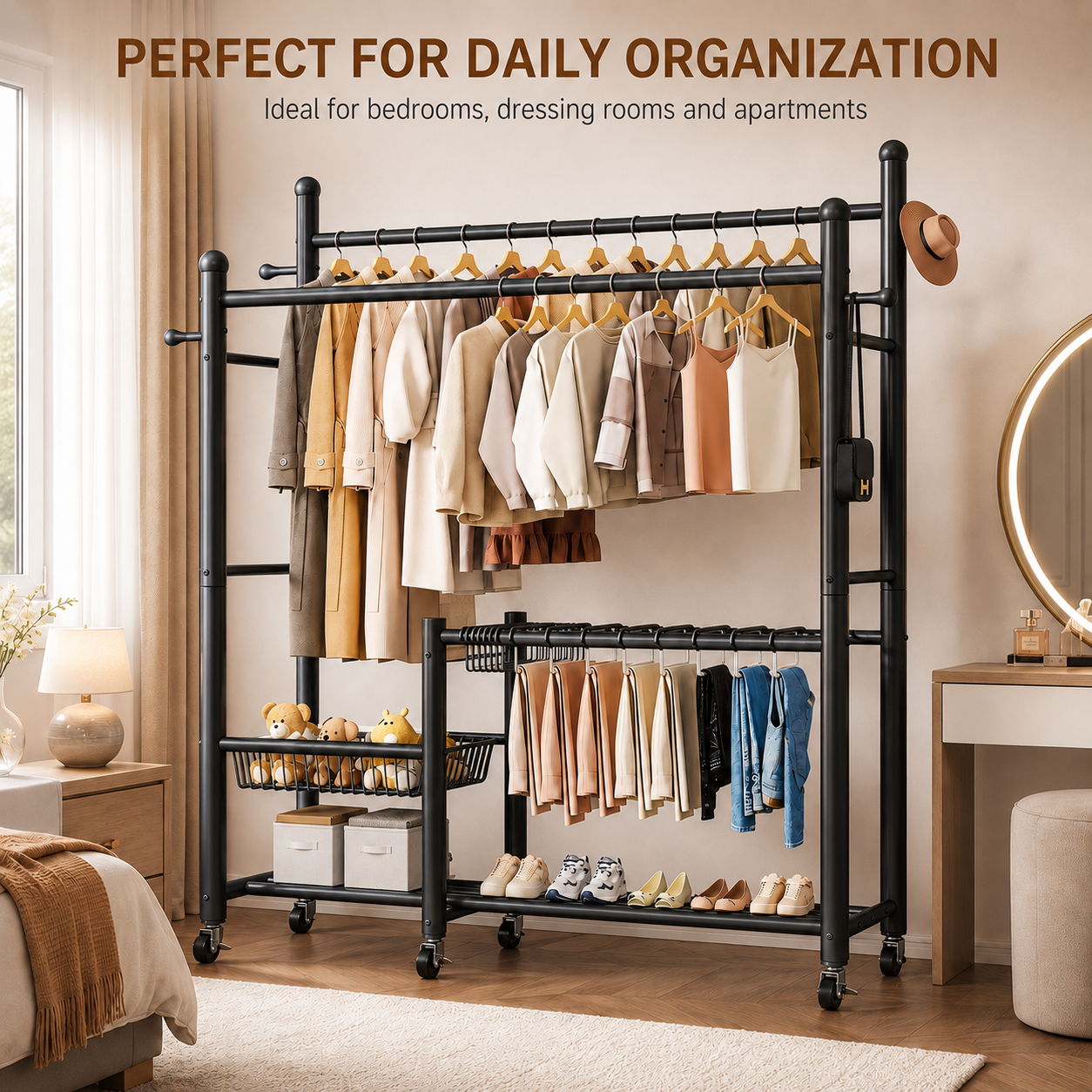 Lukzer 32 mm Metal Double Rod Garment Rack with Multiple Cloth Hangers & Shoes Organizer (Black)