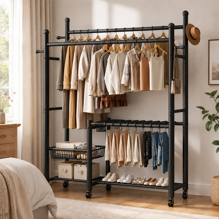 Lukzer 32 mm Metal Double Rod Garment Rack with Multiple Cloth Hangers & Shoes Organizer (Black)