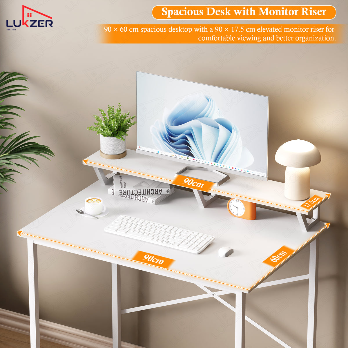 Lukzer X-Support Study Table with Monitor Riser for Home Office (MST-009/White & White)