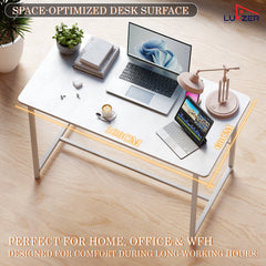 Lukzer Engineered Wood Study Table with X-Support Metal Frame & Adjustable Footpad (MST-009/White & White)