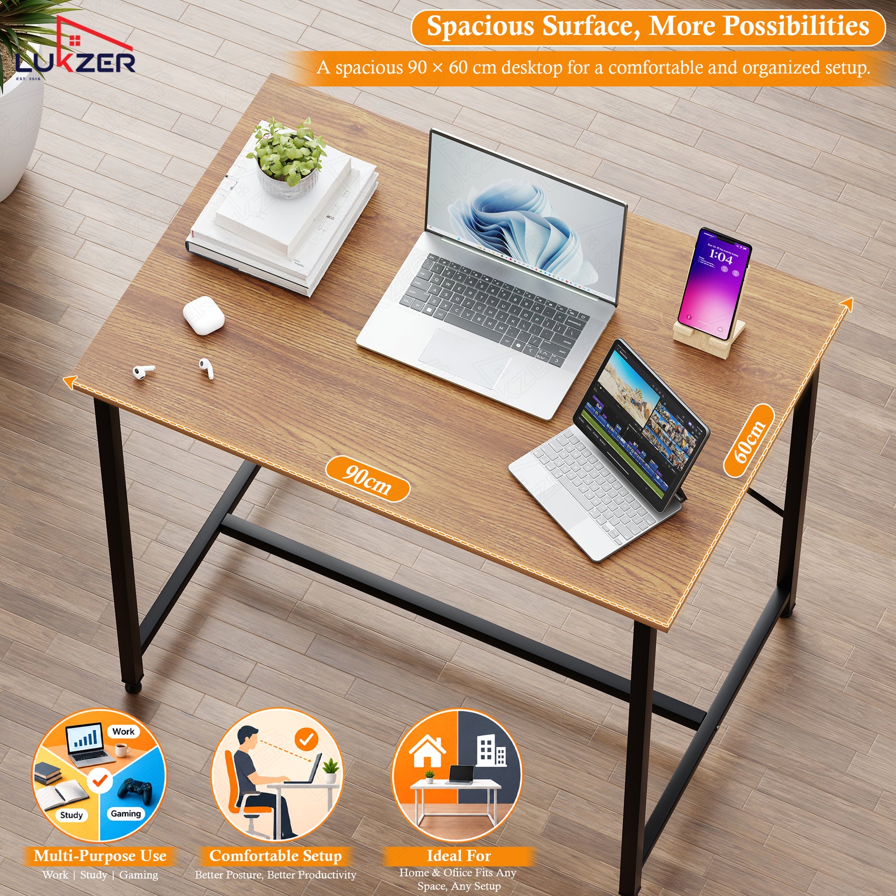 Lukzer X-Support Metal Frame & Engineered Wood Study Table for Home & Office (MST-008) Black &  Oak Brown