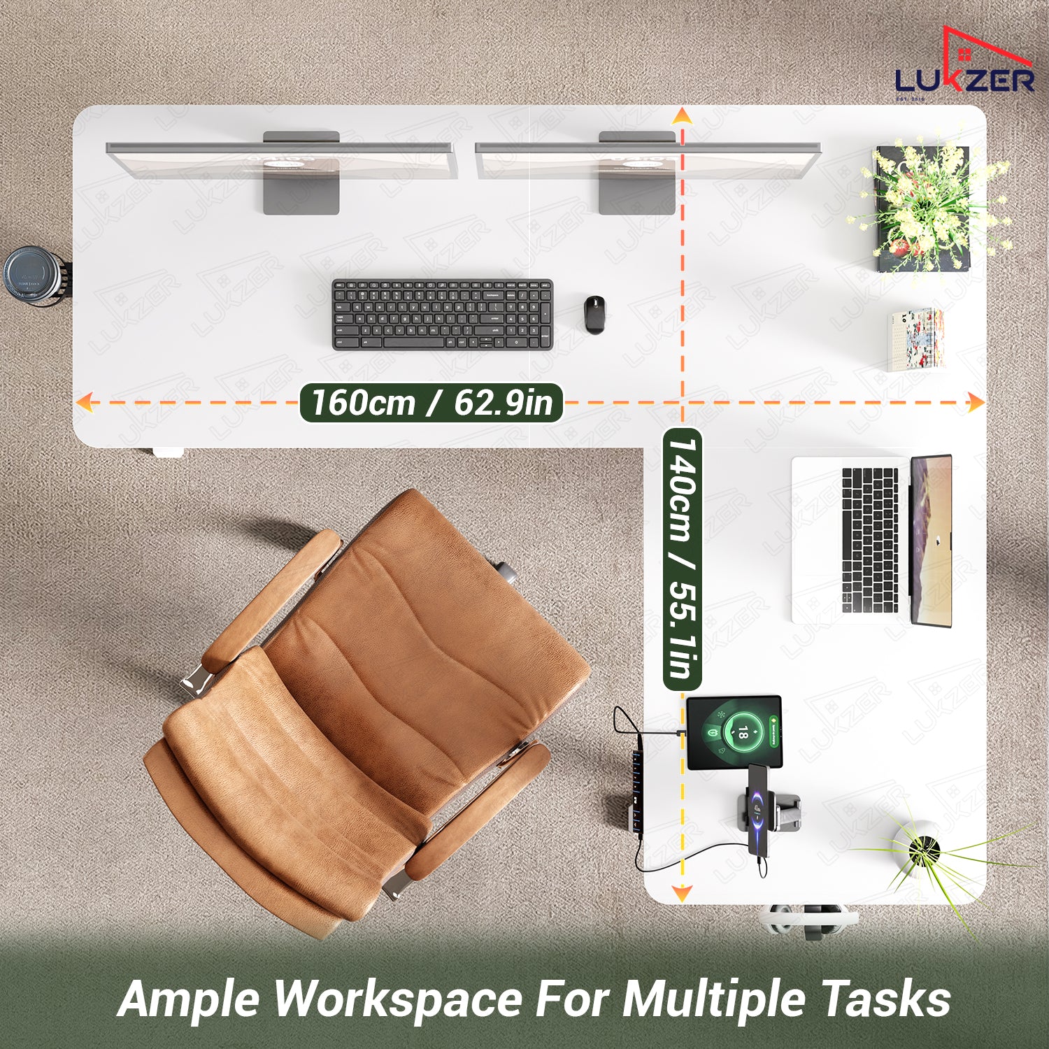 Lukzer Electric Height Adjustable Desk with USB & Type-C Study Table (EST-001/UC-White & White) 3-Years Warranty
