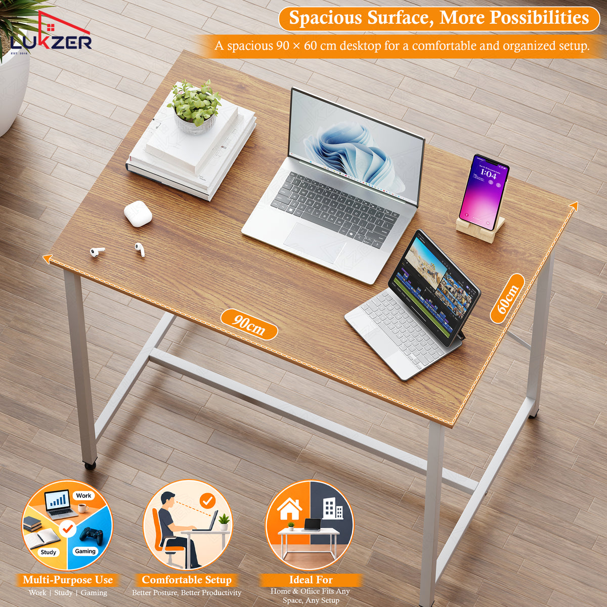 Lukzer X-Support Metal Frame & Engineered Wood Study Table for Home & Office (MST-008) white &  Oak Brown