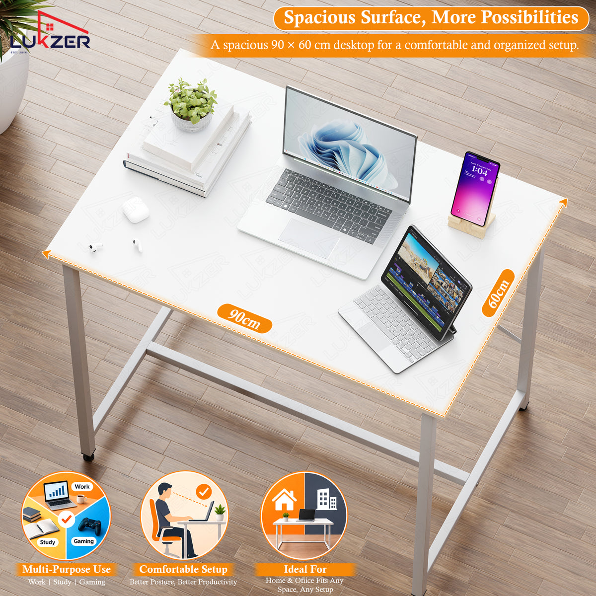 Lukzer X-Support Metal Frame & Engineered Wood Study Table for Home & Office (MST-008) white & white