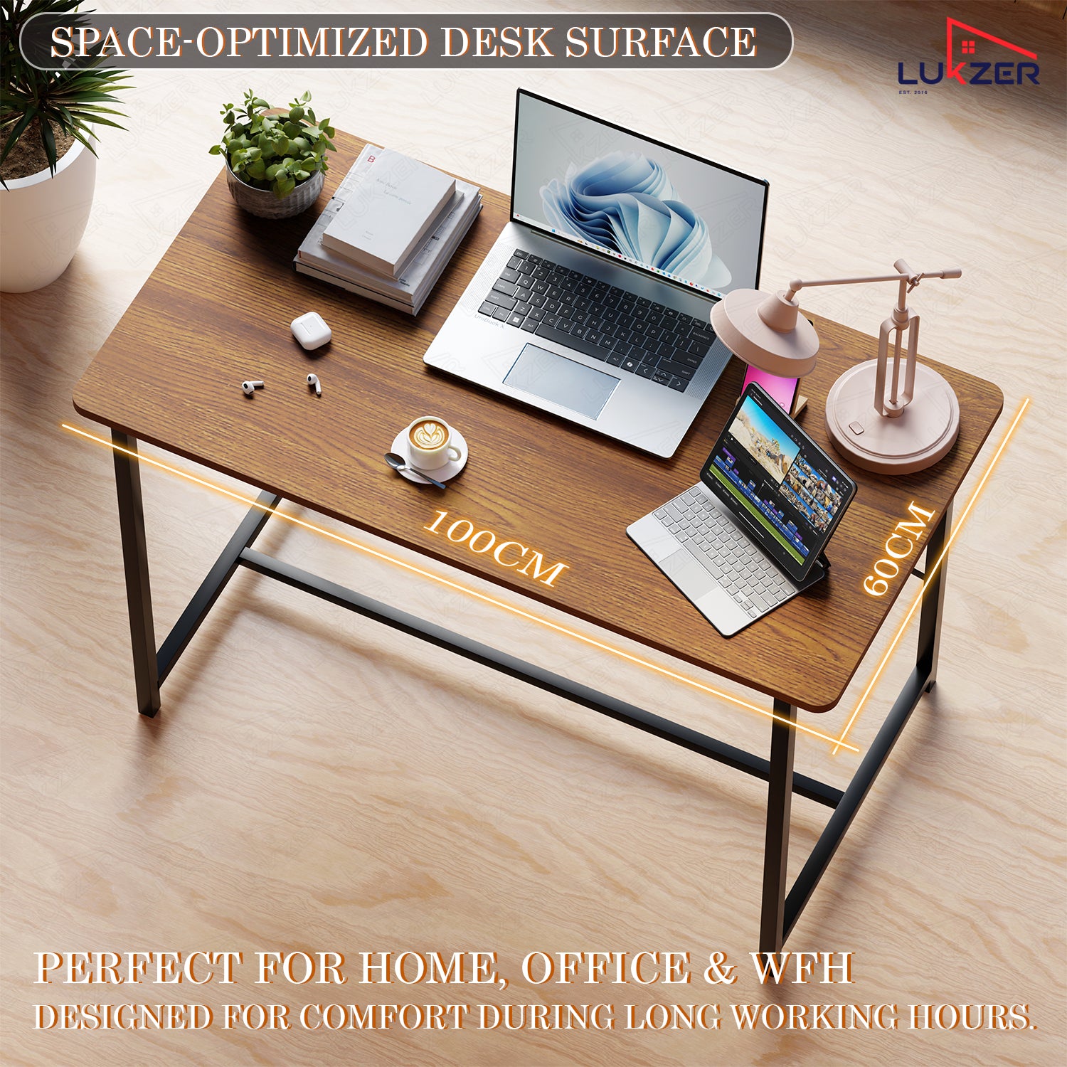 Lukzer Engineered Wood Study Table with X-Support Metal Frame & Adjustable Footpad (MST-009/Black & Oak Brown)