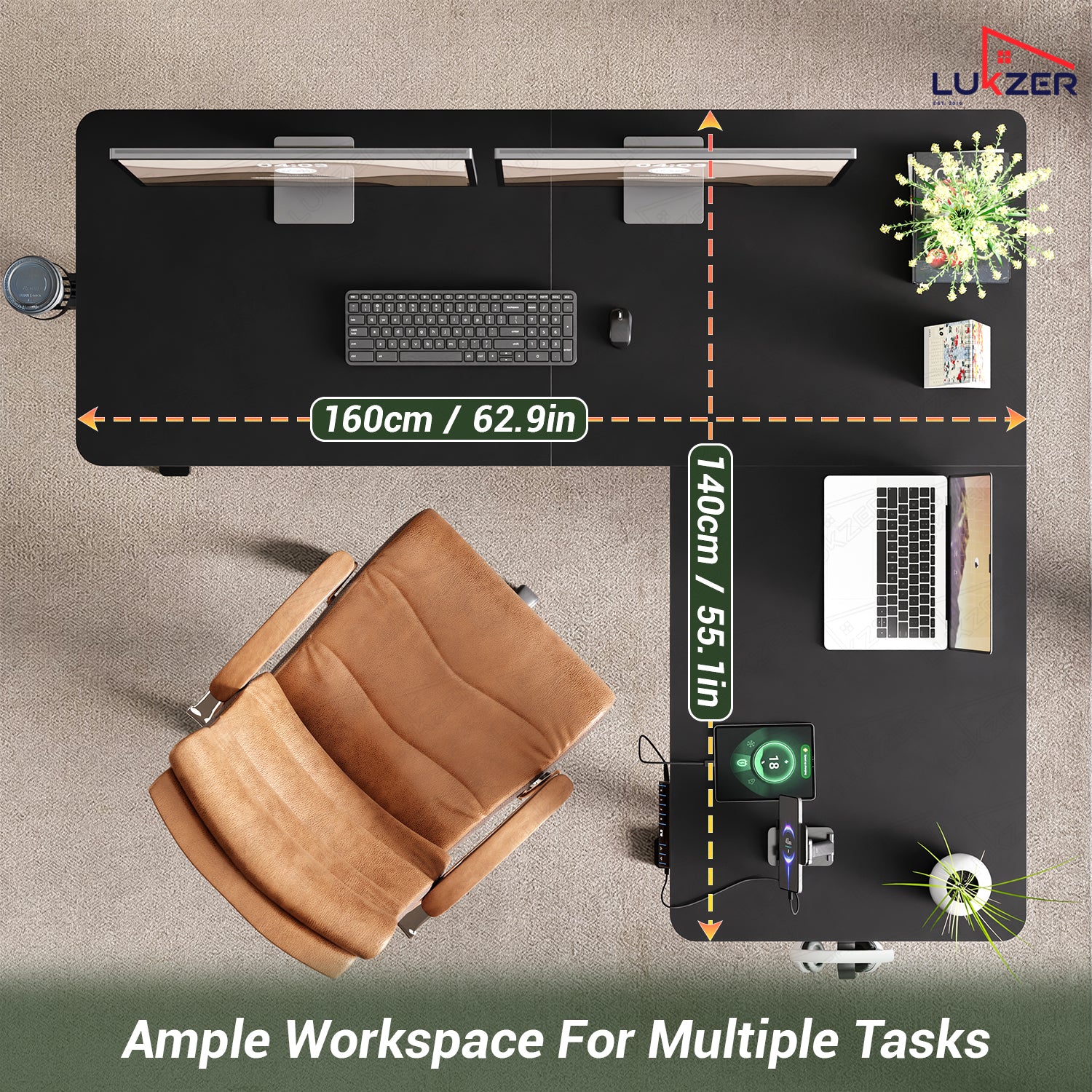 Lukzer Electric Height Adjustable Desk with USB & Type-C Study Table (EST-001/UC-Black & Black) 3-Years Warranty