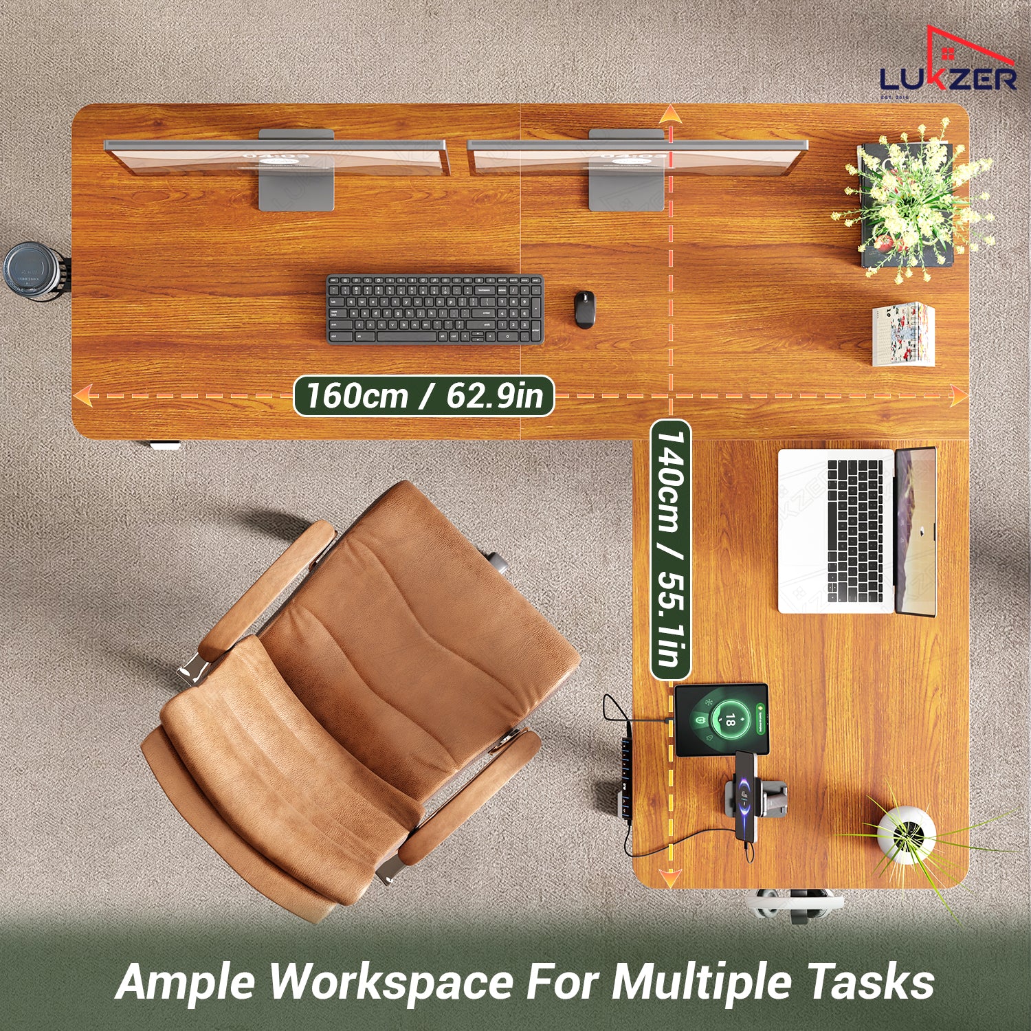 Lukzer Electric Height Adjustable Desk with USB & Type-C Study Table (EST-001/UC-White & Oak Brown) 3-Years Warranty