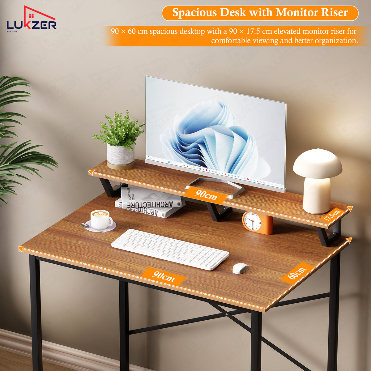 Lukzer X-Support Study Table with Monitor Riser for Home Office (MST-009/Black & Oak Brown)