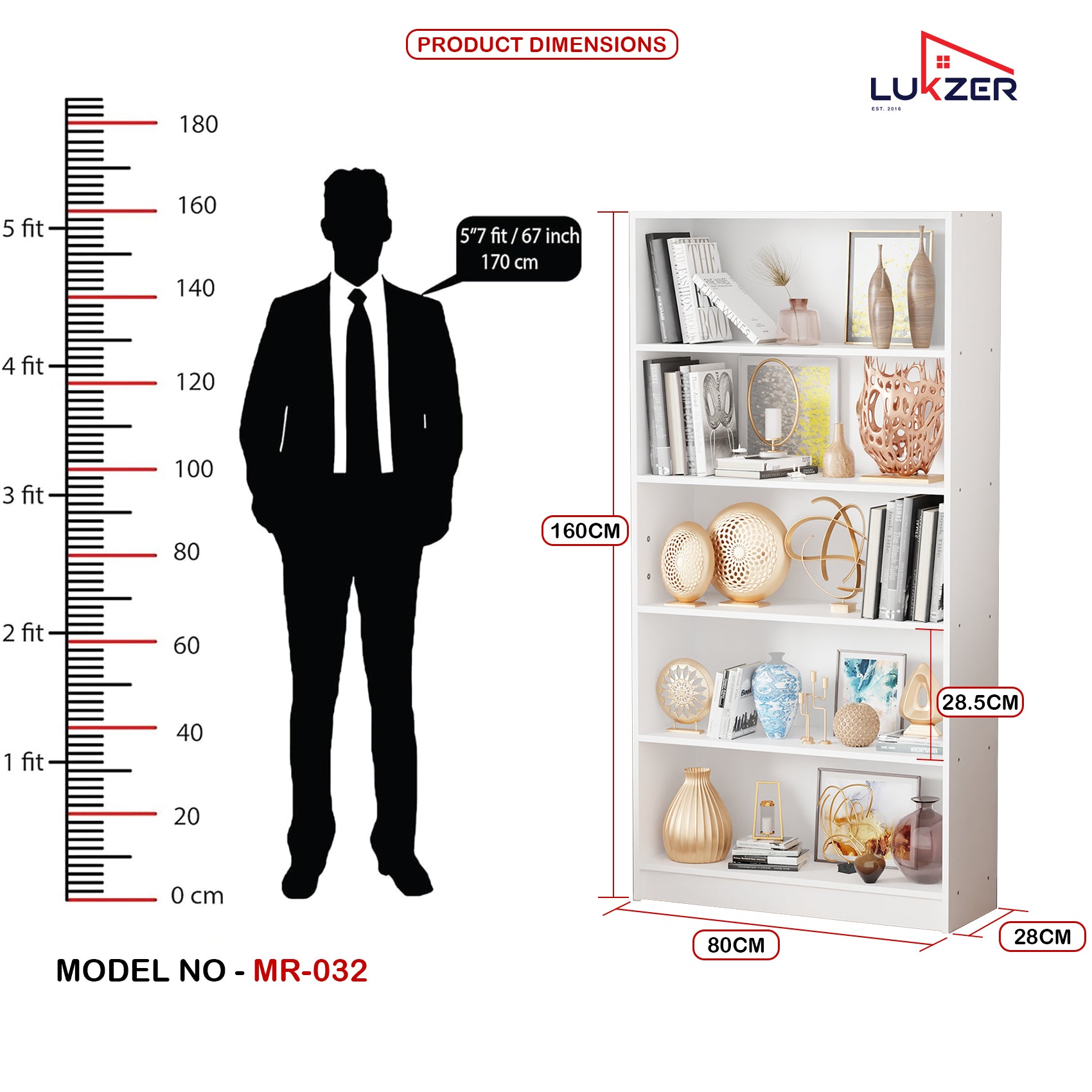Lukzer Engineered Wood 6 Tier Bookcase Open Bookshelf & Display Rack (MR-032/White)