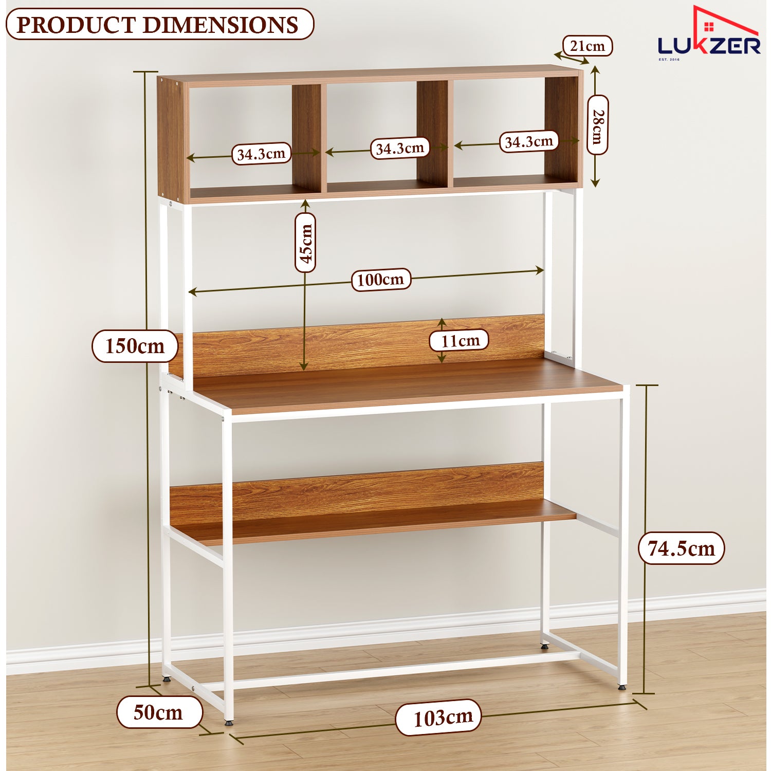 Lukzer Wooden & Metal Study Desk with 3 Storage Shelf & Open Bookshelf for Home (MST-011/White & Oak Brown)