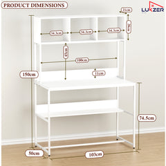 Lukzer Wooden & Metal Study Desk with 3 Storage Shelf & Open Bookshelf for Home (MST-011/White & White)