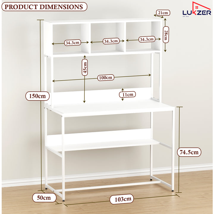 Lukzer Wooden & Metal Study Desk with 3 Storage Shelf & Open Bookshelf for Home (MST-011/White & White)
