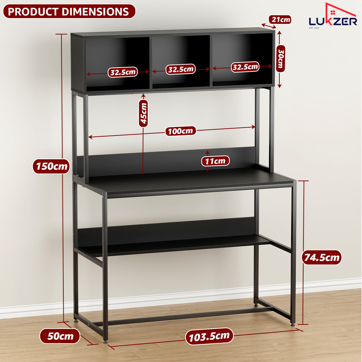 Lukzer Wooden & Metal Study Desk with 3 Storage Shelf & Open Bookshelf for Home (MST-011/Black & Black)