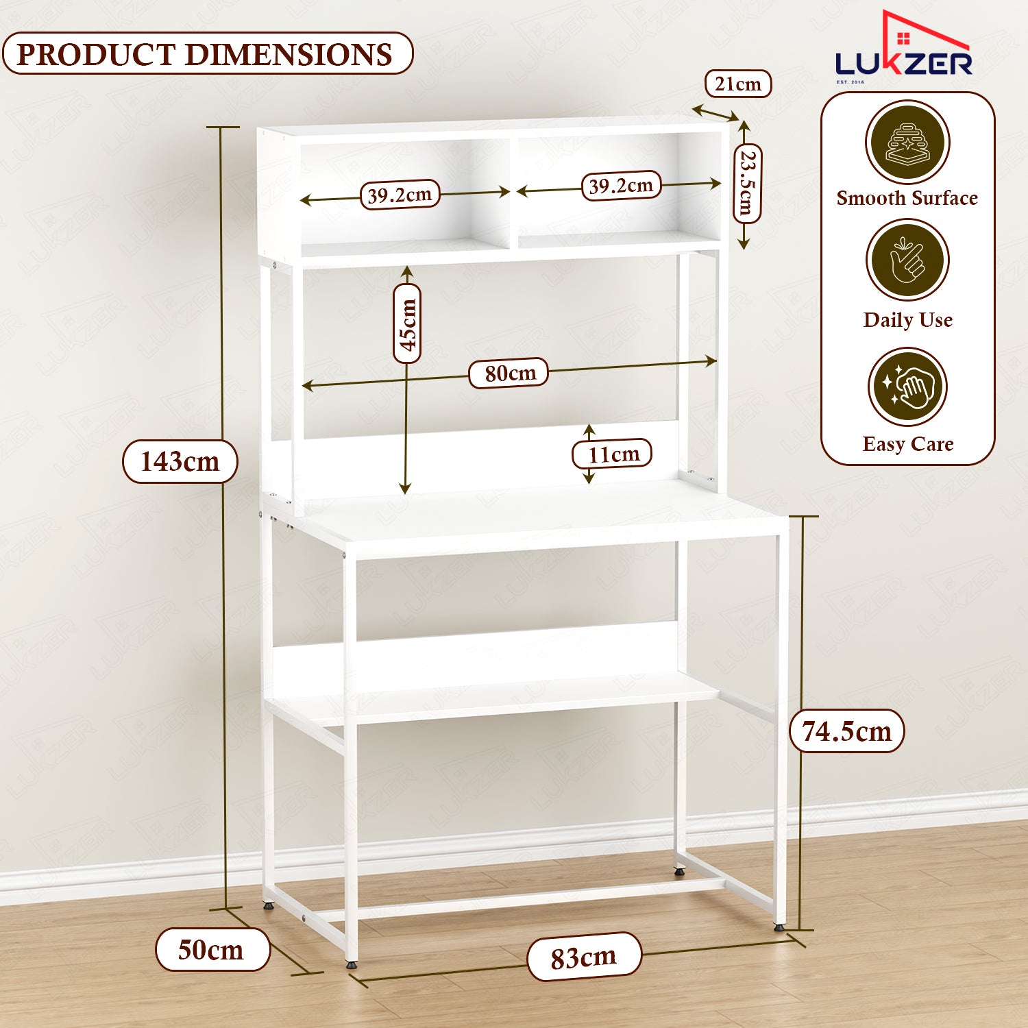 Lukzer Modern Study Table with Open Bookshelf & Hutch (MST-010/White & White)