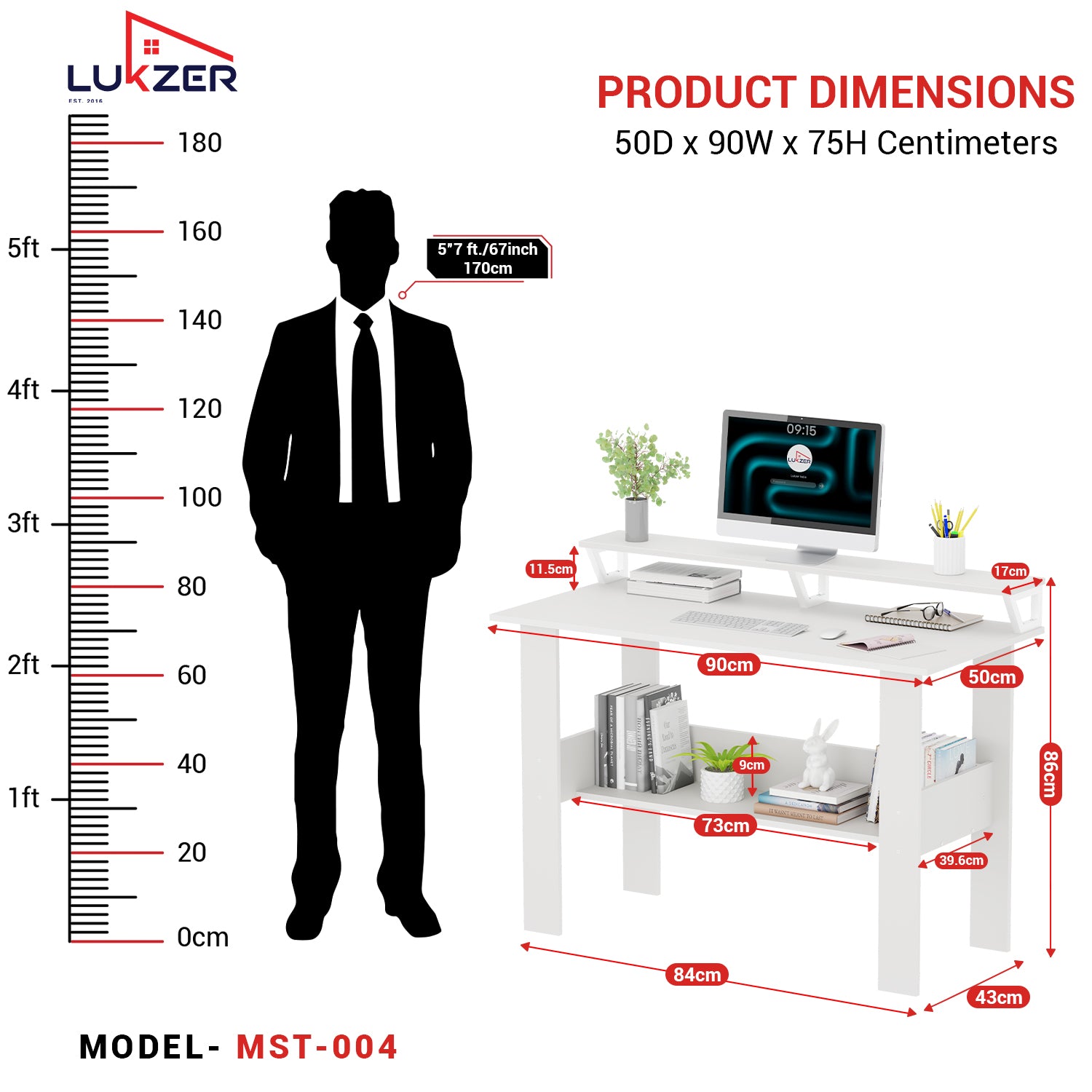 Lukzer Study Table with Monitor Riser & Open Book Shelf (MST-004/White)
