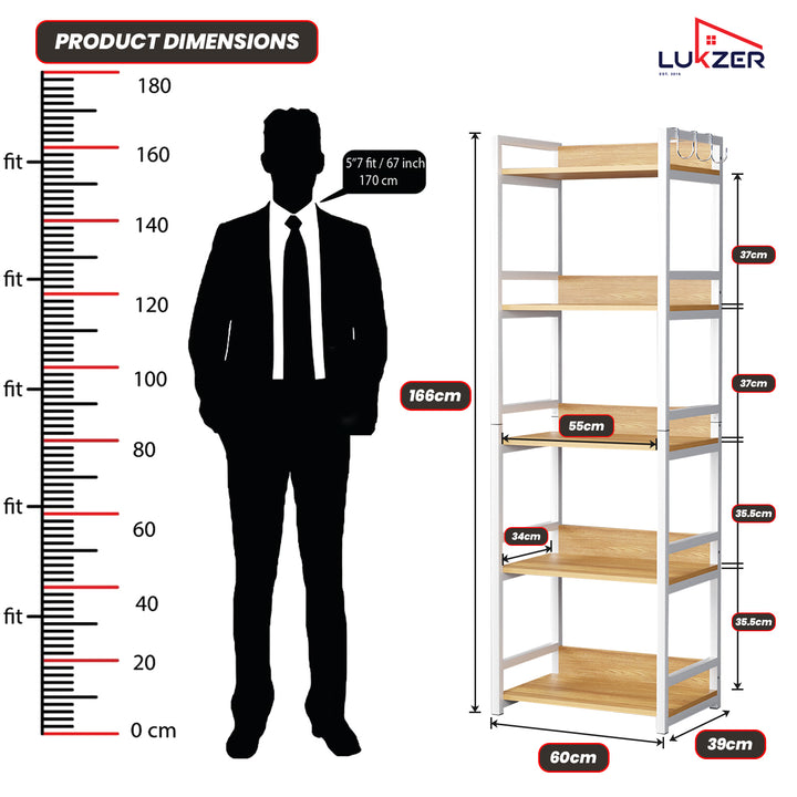Lukzer 5-Tier Multipurpose Metal & Wood Kitchen Storage Rack (MKR-005/Oak Light with White)