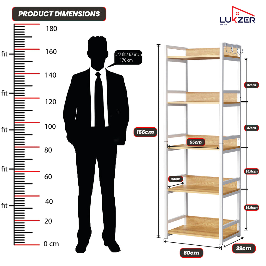 Lukzer 5-Tier Multipurpose Metal & Wood Kitchen Storage Rack (MKR-005/Oak Light with White)